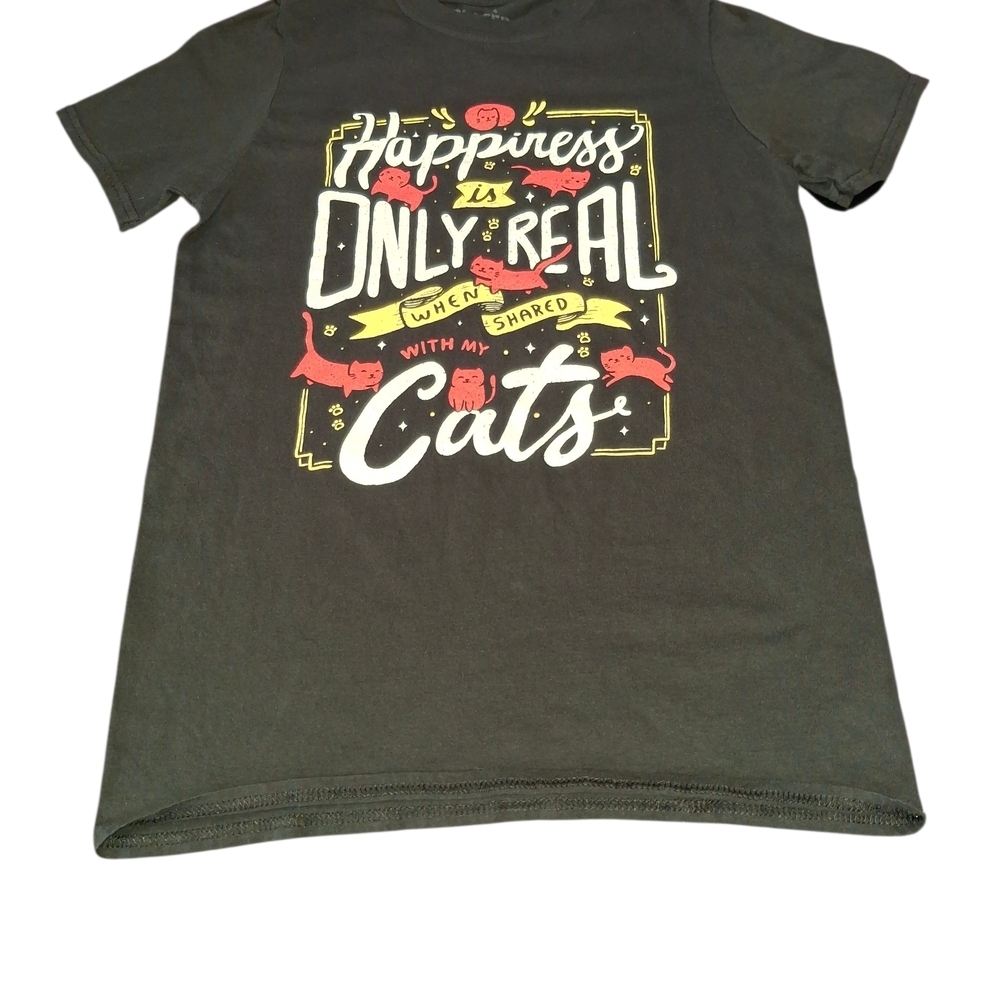 Black Short Sleeve Graphic Tee — 'Happiness is Only Real with My Cats'